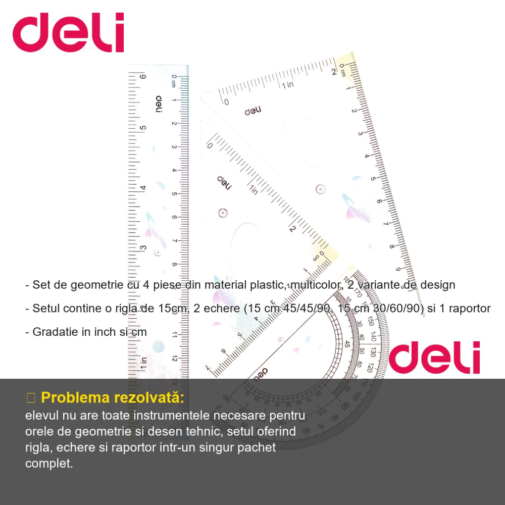Set geometrie Deli 4 piese multicolor, rigla 15cm, echere si raportor, pentru scoala [2]