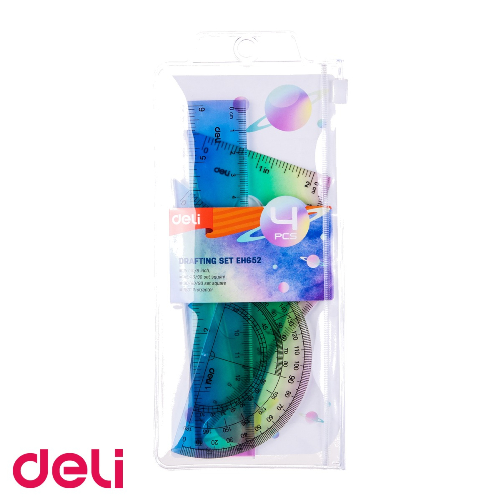 Set geometrie Deli 4 piese multicolor, rigla 15cm, echere si raportor, pentru scoala [4]