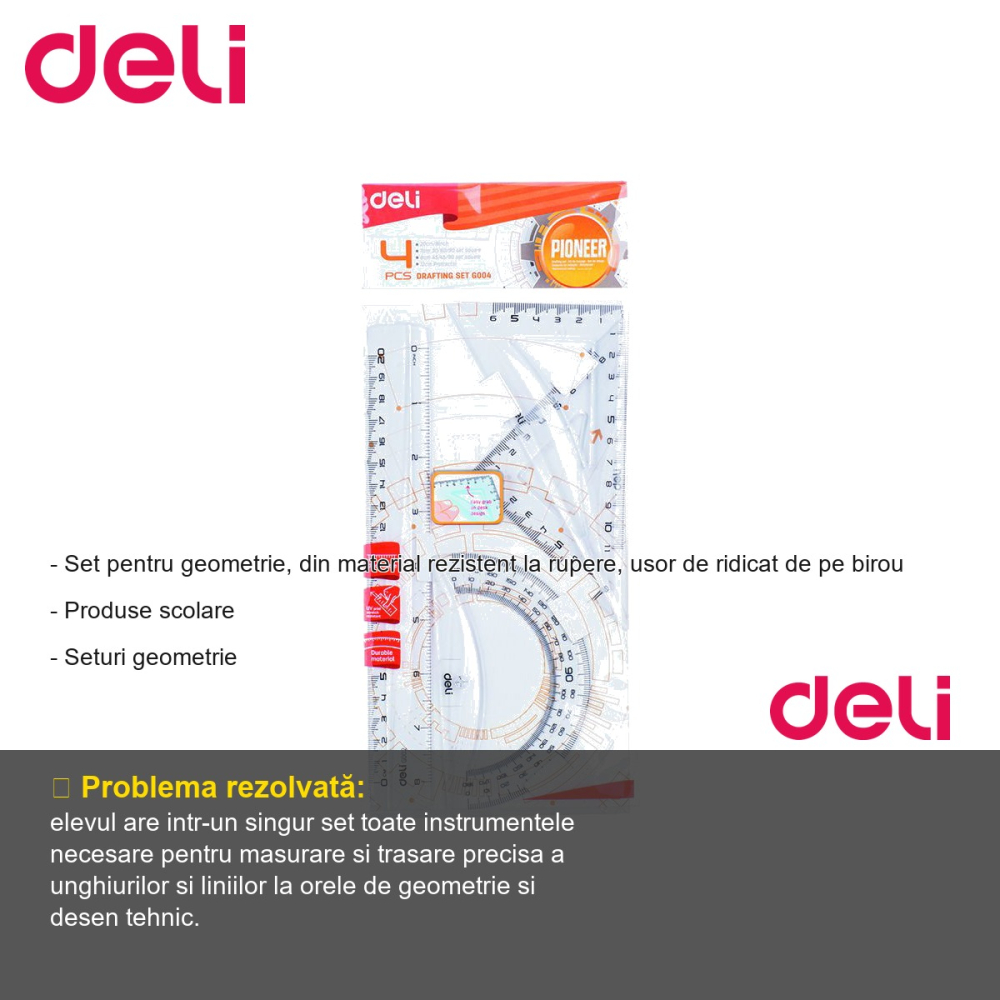 Set geometrie Deli 4 piese transparent, rigla echer raportor, pentru scoala si birou [2]