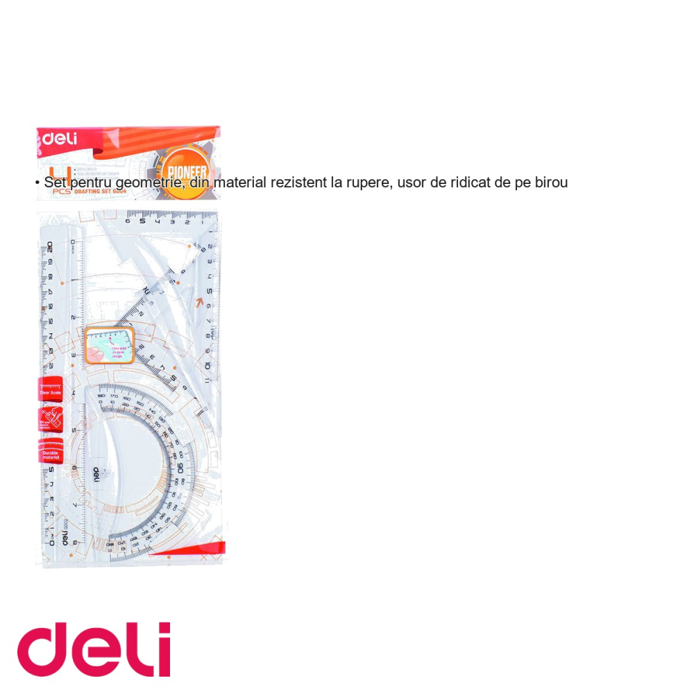 Set geometrie Deli 4 piese transparent, rigla echer raportor, pentru scoala si birou [3]