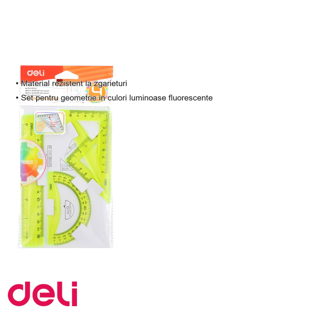 Set geometrie deli color fluorescent 4 piese, rigla echer raportor, pentru scoala [3]