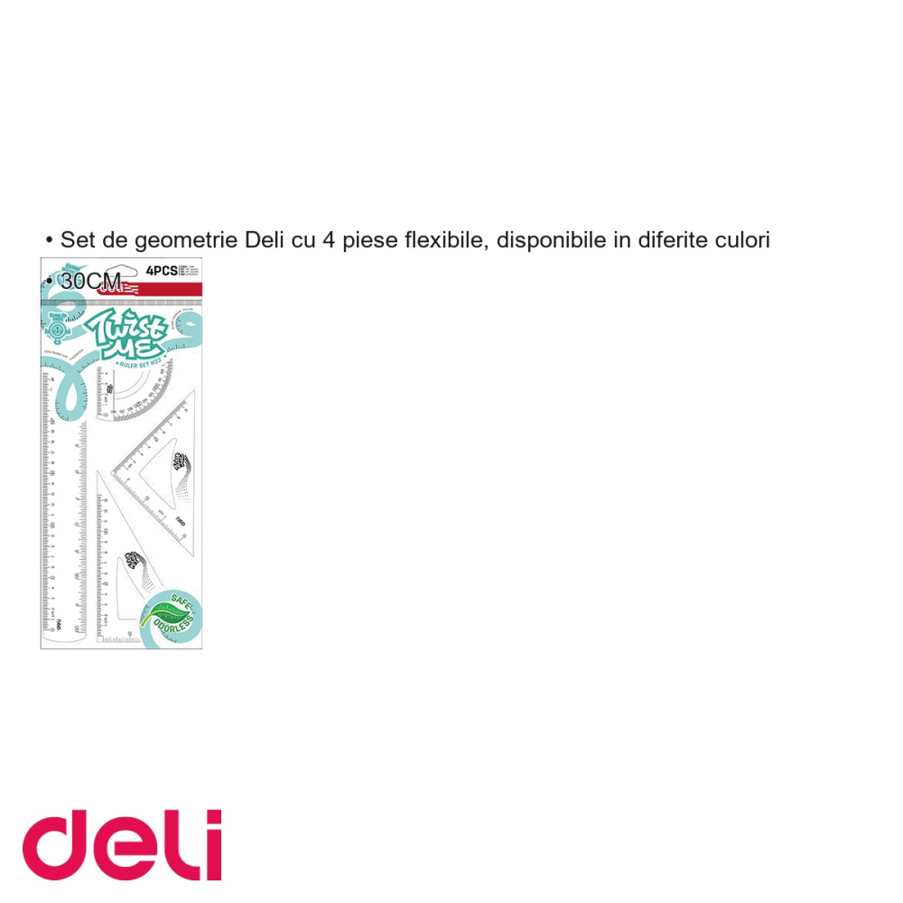 Set geometrie Deli Twist Me Color 4 piese flexibile, rigla 30 cm, echere si raportor, pentru scoala [3]