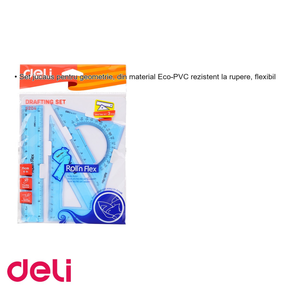 Set geometrie flexibil Deli E6204, 3 piese color din Eco-PVC, pentru scoala [3]
