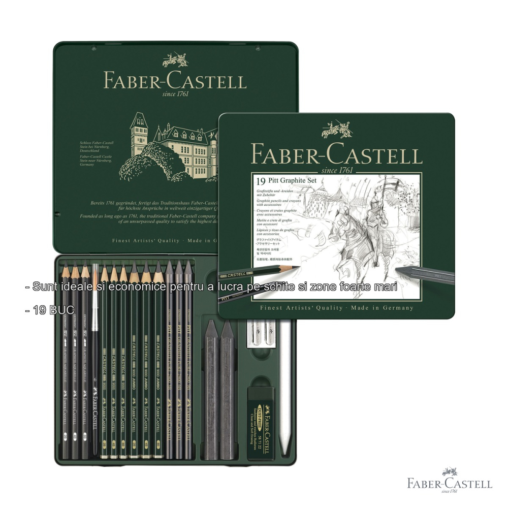 Set grafit monochrome Faber-Castell Pitt 19 piese, creioane cu duritati multiple, pentru artisti si ilustratori [2]