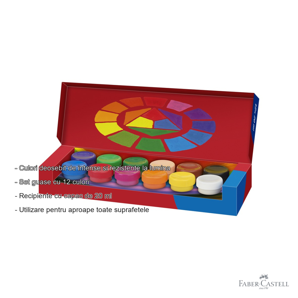 Set guase 12 culori Faber-Castell, 20 ml, culori vibrante si opace, pentru copii si tineri artisti [2]