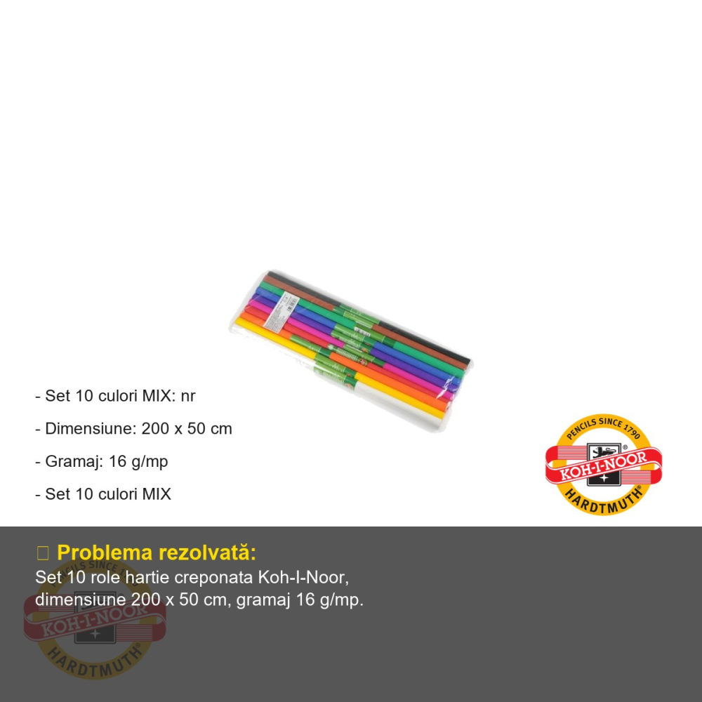 Set hartie creponata Koh-I-Noor, 10 culori mix cu alb si negru, 200x50 cm, pentru decoratiuni si craft [2]