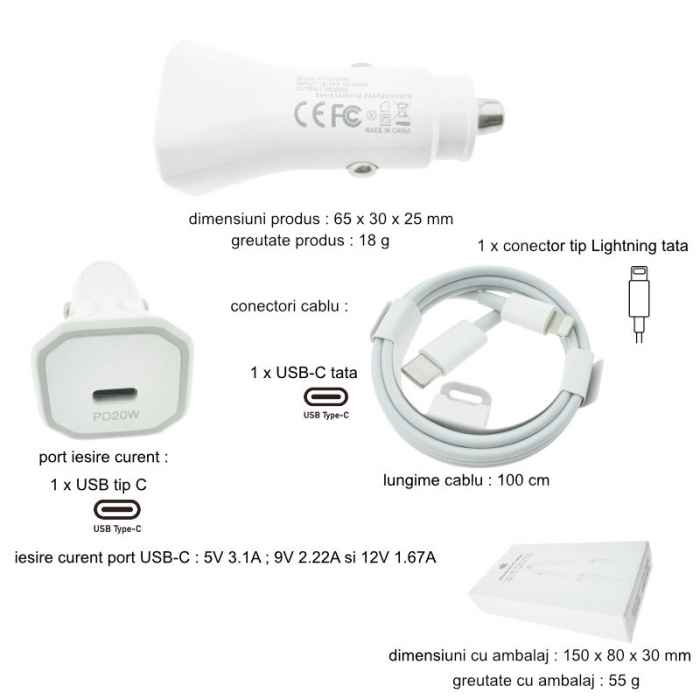 Set incarcator auto 20W, cu port USB-C, pentru Apple, cu cablu 1m cu conectori USB tip C la tip Lightning, alb [7]
