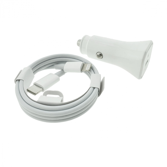 Set incarcator auto 20W, cu port USB-C, pentru Apple, cu cablu 1m cu conectori USB tip C la tip Lightning, alb [2]