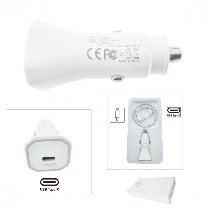 Set incarcator auto 20W, cu port USB-C, pentru Apple, cu cablu 1m cu conectori USB tip C la tip Lightning, alb [5]