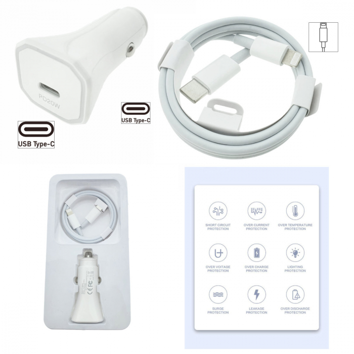 Set incarcator auto 20W, cu port USB-C, pentru Apple, cu cablu 1m cu conectori USB tip C la tip Lightning, alb [3]