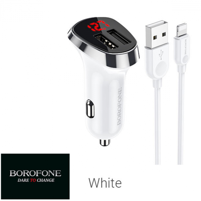 Set incarcator auto dual USB, Borofone BZ15, cu cablu 8-pin Lightning 1m, cu afisaj LED, Borofone BZ15, DC 12-24V, 5V 2.4 A, alb [2]
