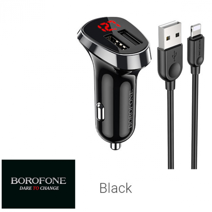 Set incarcator auto dual USB, Borofone BZ15, cu cablu 8-pin Lightning 1m, cu afisaj LED, DC 12-24V, 5V 2.4 A, negru [2]
