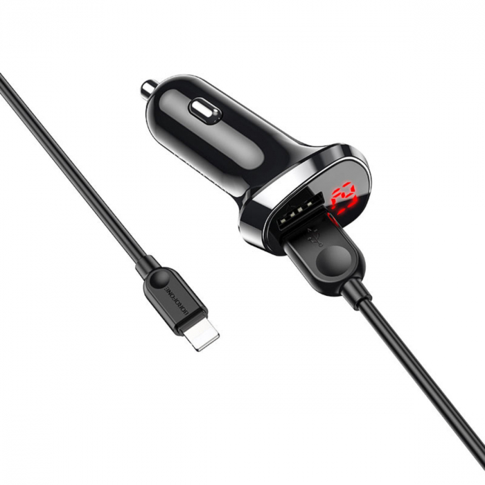 Set incarcator auto dual USB, Borofone BZ15, cu cablu 8-pin Lightning 1m, cu afisaj LED, DC 12-24V, 5V 2.4 A, negru [3]
