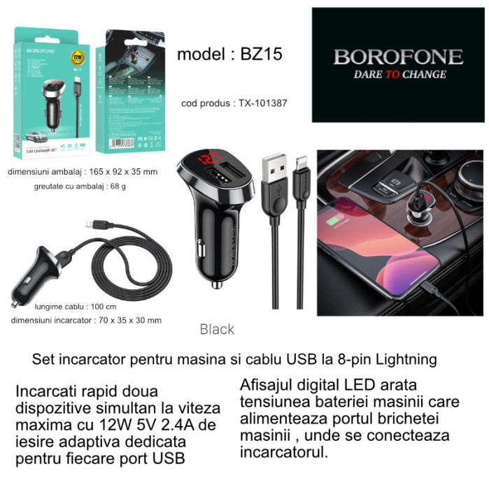 Set incarcator auto dual USB, Borofone BZ15, cu cablu 8-pin Lightning 1m, cu afisaj LED, DC 12-24V, 5V 2.4 A, negru [6]