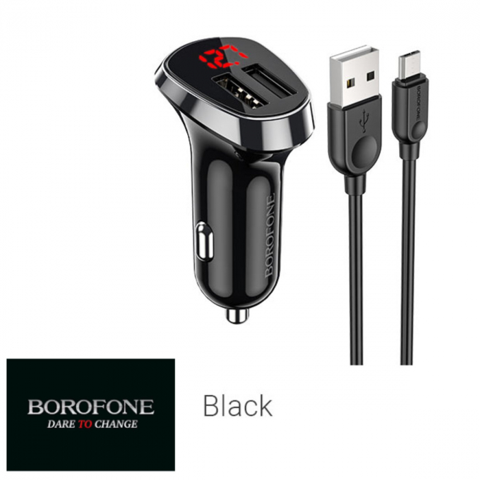 Set incarcator auto dual USB, cu afisaj LED, Borofone BZ15, cu cablu microUSB 1m, DC 12-24V, 5V 2.4 A, negru [4]