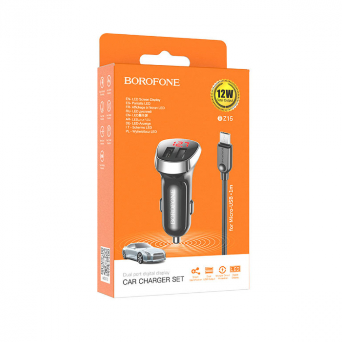 Set incarcator auto dual USB, cu afisaj LED, Borofone BZ15, cu cablu microUSB 1m, DC 12-24V, 5V 2.4 A, negru [5]