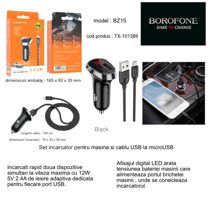 Set incarcator auto dual USB, cu afisaj LED, Borofone BZ15, cu cablu microUSB 1m, DC 12-24V, 5V 2.4 A, negru [6]