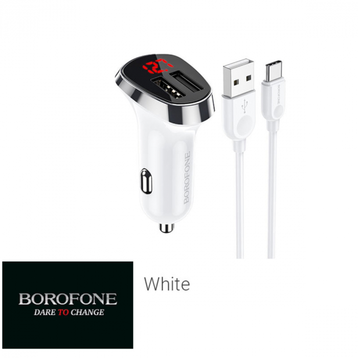 Set incarcator auto dual USB, cu afisaj LED, Borofone BZ15, cu cablu USB Tip C 1m, DC 12-24V, 5V 2.4 A, alb [2]