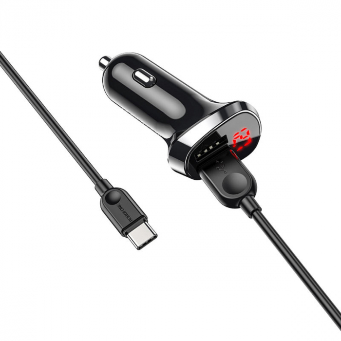 Set incarcator auto dual USB, cu afisaj LED, Borofone BZ15, cu cablu USB Tip C 1m, DC 12-24V, 5V 2.4 A, negru [3]
