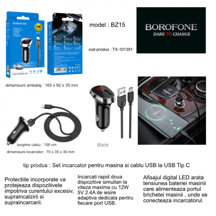 Set incarcator auto dual USB, cu afisaj LED, Borofone BZ15, cu cablu USB Tip C 1m, DC 12-24V, 5V 2.4 A, negru [6]