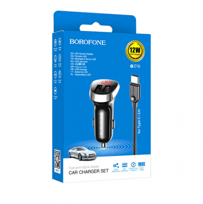 Set incarcator auto dual USB, cu afisaj LED, Borofone BZ15, cu cablu USB Tip C 1m, DC 12-24V, 5V 2.4 A, negru [5]