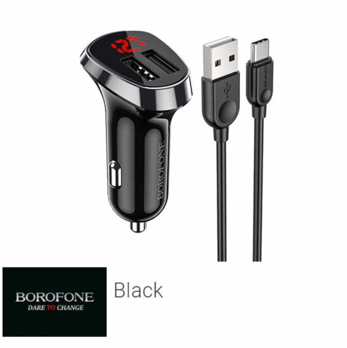 Set incarcator auto dual USB, cu afisaj LED, Borofone BZ15, cu cablu USB Tip C 1m, DC 12-24V, 5V 2.4 A, negru [2]