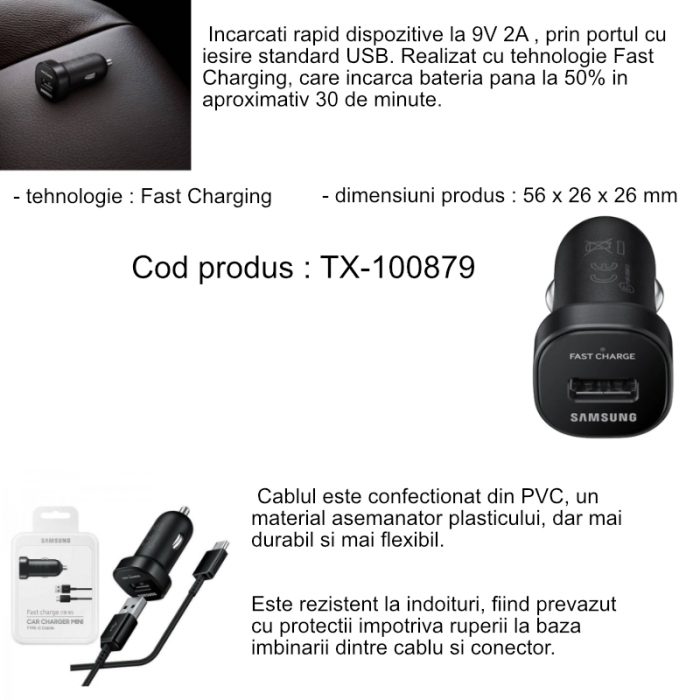 Set incarcator auto Samsung EP-LN930, cu cablu USB Tip A tata la USB Tip C tata, lungime 1.5m, Fast Charging, curent maxim 9V 2A, negru [6]