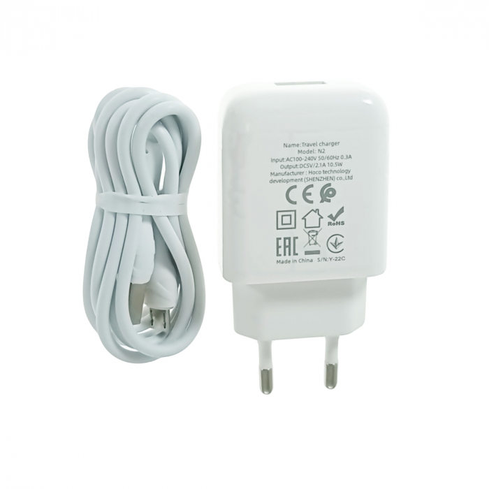 Set Incarcator Retea+Cablu Date Micro Usb Hoco N2 Vigour 1xUSB 2.1A 1m , alb [3]