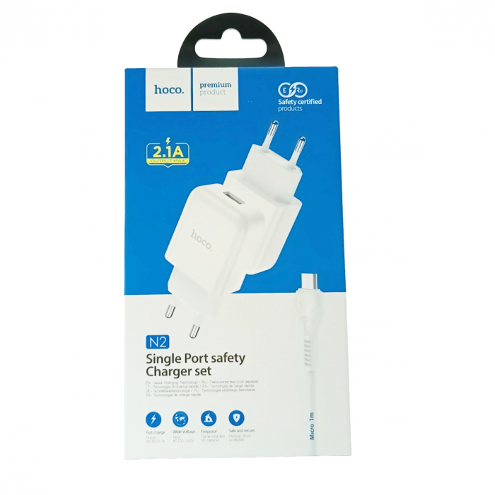 Set Incarcator Retea+Cablu Date Micro Usb Hoco N2 Vigour 1xUSB 2.1A 1m , alb [5]
