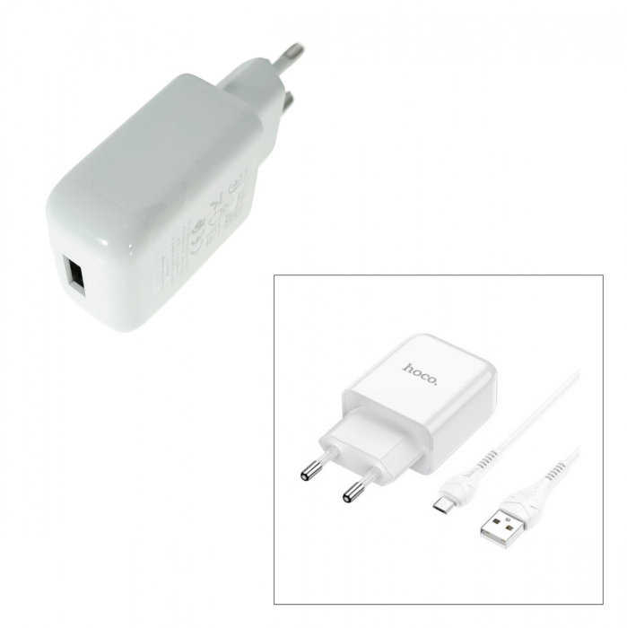 Set Incarcator Retea+Cablu Date Micro Usb Hoco N2 Vigour 1xUSB 2.1A 1m , alb [2]