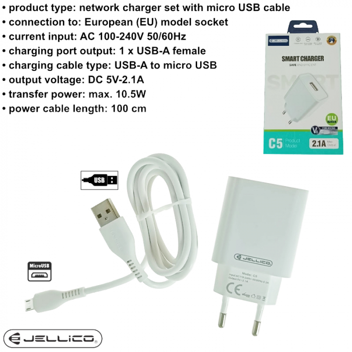Set incarcator cu un port USB, de retea, cu cablu micro USB lungime 1m, 5V, 2.1A, Jellico C5 64567, alb [6]