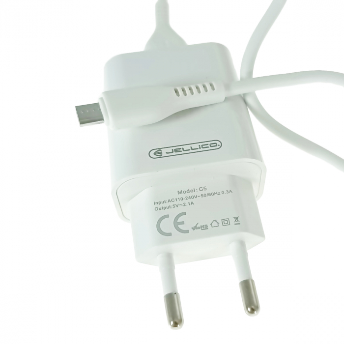 Set incarcator cu un port USB, de retea, cu cablu micro USB lungime 1m, 5V, 2.1A, Jellico C5 64567, alb [4]