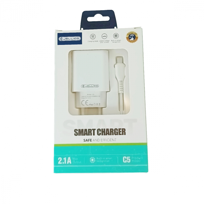 Set incarcator cu un port USB, de retea, cu cablu micro USB lungime 1m, 5V, 2.1A, Jellico C5 64567, alb [5]