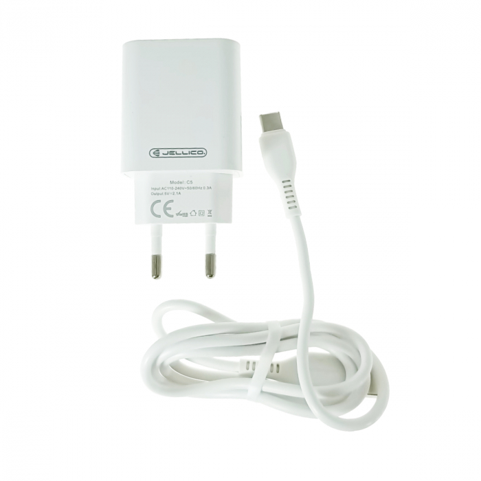 Set incarcator cu un port USB, de retea, cu cablu USB-C lungime 1m, 5V, 2.1A, Jellico C5 64568, alb [1]