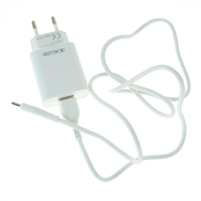 Set incarcator cu un port USB, de retea, cu cablu USB-C lungime 1m, 5V, 2.1A, Jellico C5 64568, alb [2]