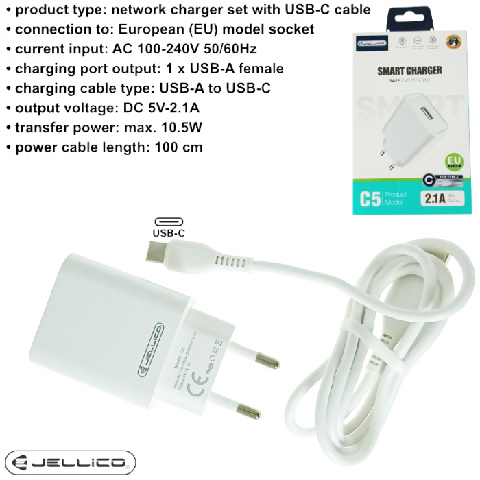 Set incarcator cu un port USB, de retea, cu cablu USB-C lungime 1m, 5V, 2.1A, Jellico C5 64568, alb [7]