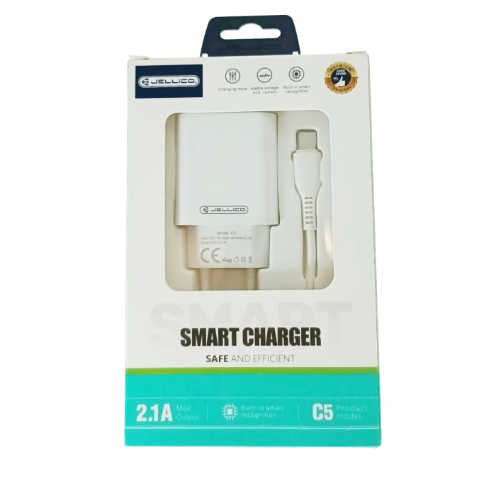 Set incarcator cu un port USB, de retea, cu cablu USB-C lungime 1m, 5V, 2.1A, Jellico C5 64568, alb [6]