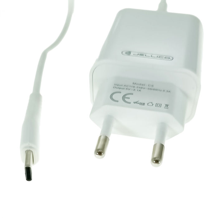 Set incarcator cu un port USB, de retea, cu cablu USB-C lungime 1m, 5V, 2.1A, Jellico C5 64568, alb [4]