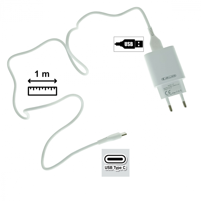 Set incarcator cu un port USB, de retea, cu cablu USB-C lungime 1m, 5V, 2.1A, Jellico C5 64568, alb [3]