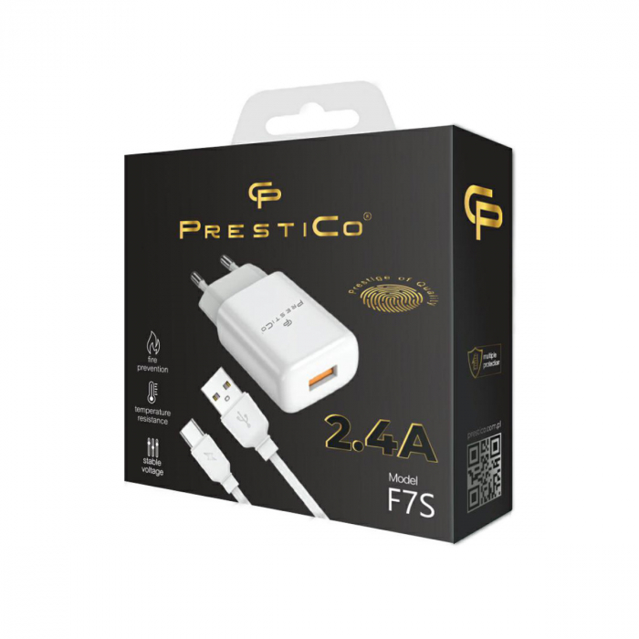 Set incarcator cu un port USB, de retea, cu cablu USB-C lungime 1m, 5V, 2.4A, PrestiCo F7S, alb [4]
