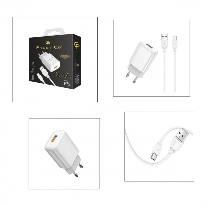 Set incarcator cu un port USB, de retea, cu cablu USB-C lungime 1m, 5V, 2.4A, PrestiCo F7S, alb [5]