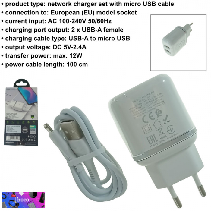 Set incarcator de retea cu 2 X USB si cablu micro USB lungime 1m, Hoco N4 73104, 5V, 2.4A, alb [6]