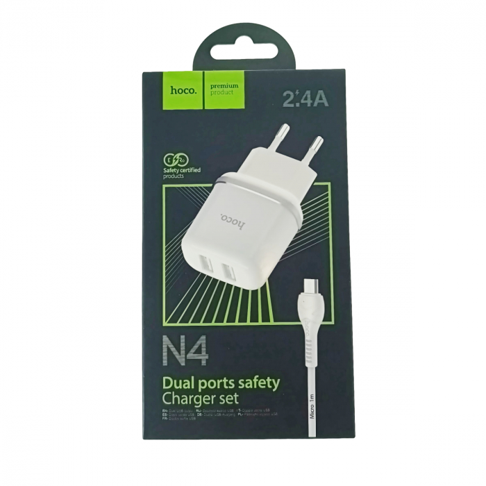 Set incarcator de retea cu 2 X USB si cablu micro USB lungime 1m, Hoco N4 73104, 5V, 2.4A, alb [5]