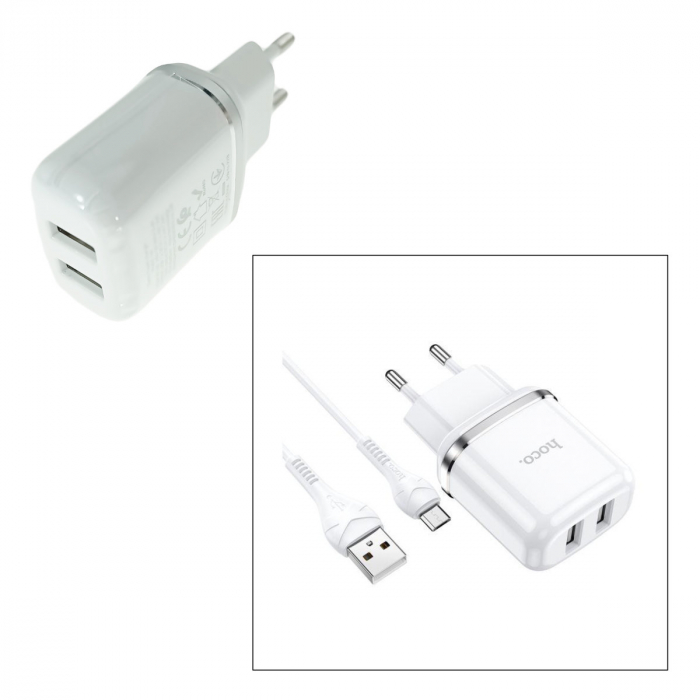 Set incarcator de retea cu 2 X USB si cablu micro USB lungime 1m, Hoco N4 73104, 5V, 2.4A, alb [3]