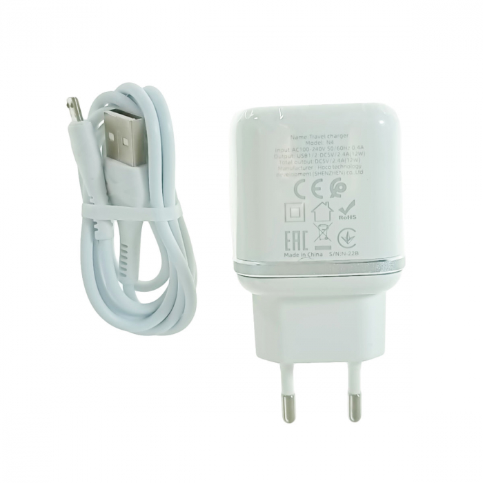 Set incarcator de retea cu 2 X USB si cablu micro USB lungime 1m, Hoco N4 73104, 5V, 2.4A, alb [4]