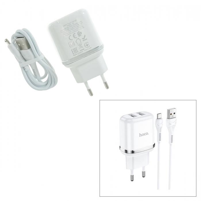 Set incarcator de retea cu 2 X USB si cablu micro USB lungime 1m, Hoco N4 73104, 5V, 2.4A, alb [2]