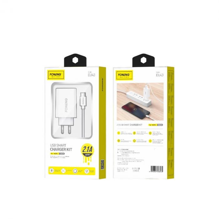 Set incarcator de retea cu cablu micro 1xUSB, 5V, 2.1A 10W, Foneng EU43, alb [4]