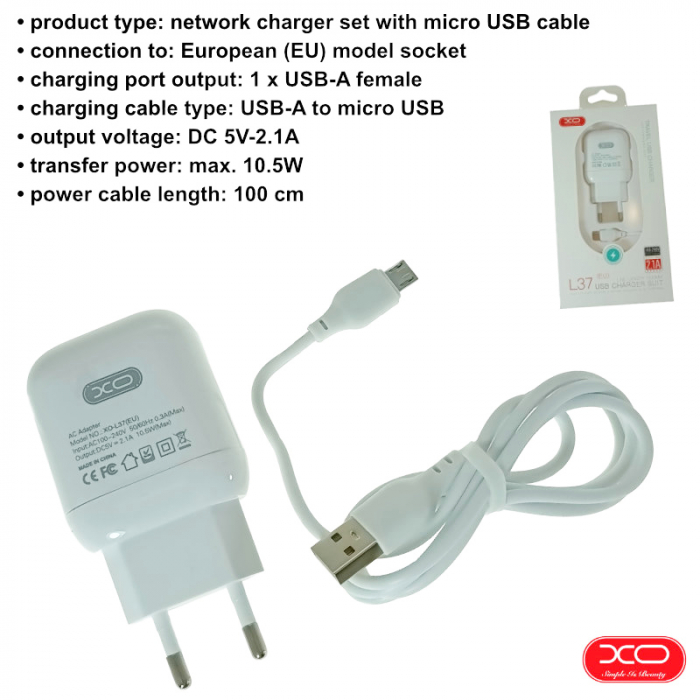 Set incarcator de retea cu cablu micro USB de 1m, 5V, 2.1A, XO-L37 86649, alb [6]
