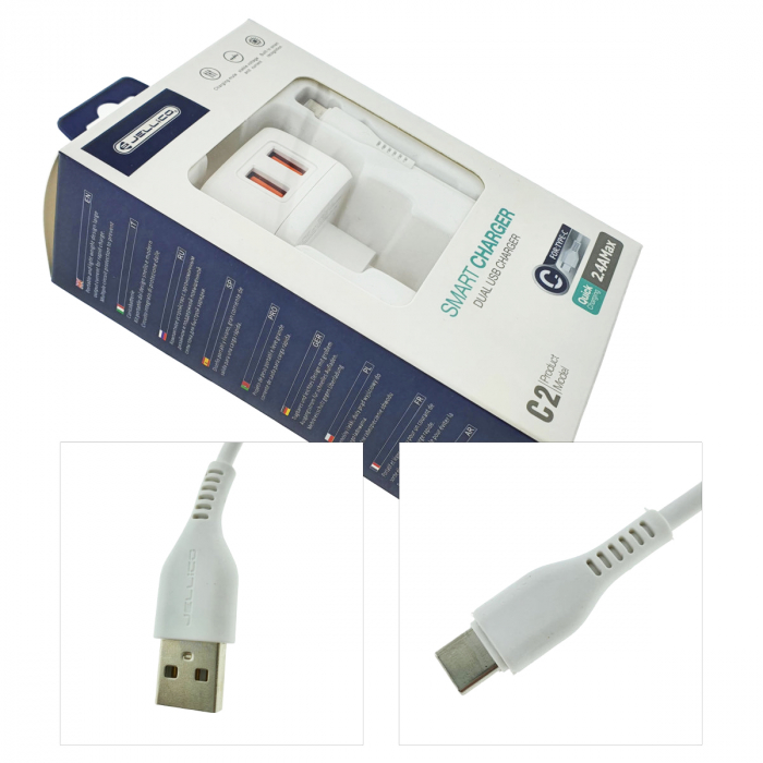 Set incarcator dual USB-A si cablu USB-C cu lungime 1m, 2.4A, Jellico C2 10146, Fast Charging, 100-240V, indicator LED, alb [4]