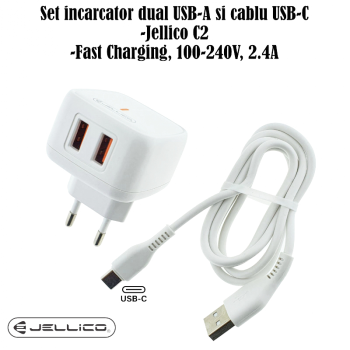 Set incarcator dual USB-A si cablu USB-C cu lungime 1m, 2.4A, Jellico C2 10146, Fast Charging, 100-240V, indicator LED, alb [6]